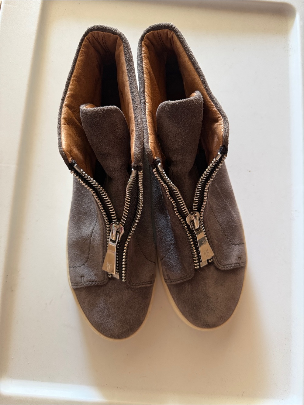 Frye Taupe Suede Front-Zip Sneakers